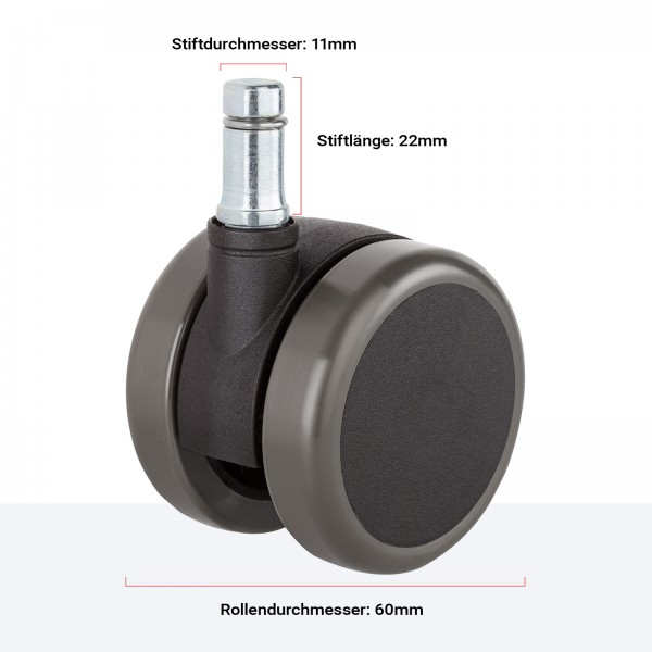 Hartbodenrollen 11mm Stift und 60mm Rollendurchmesser