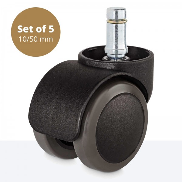 Hard floor casters with end cap (10mm Ø pin & 50mm Ø caster) – Set of 5